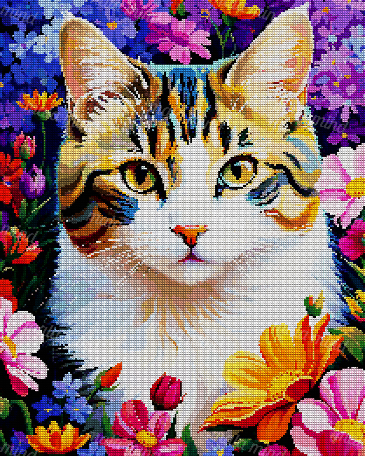 White and orange cat with green-yellow eyes surrounded by vivid pink, purple, blue, and orange flowers — 04_diamond_render