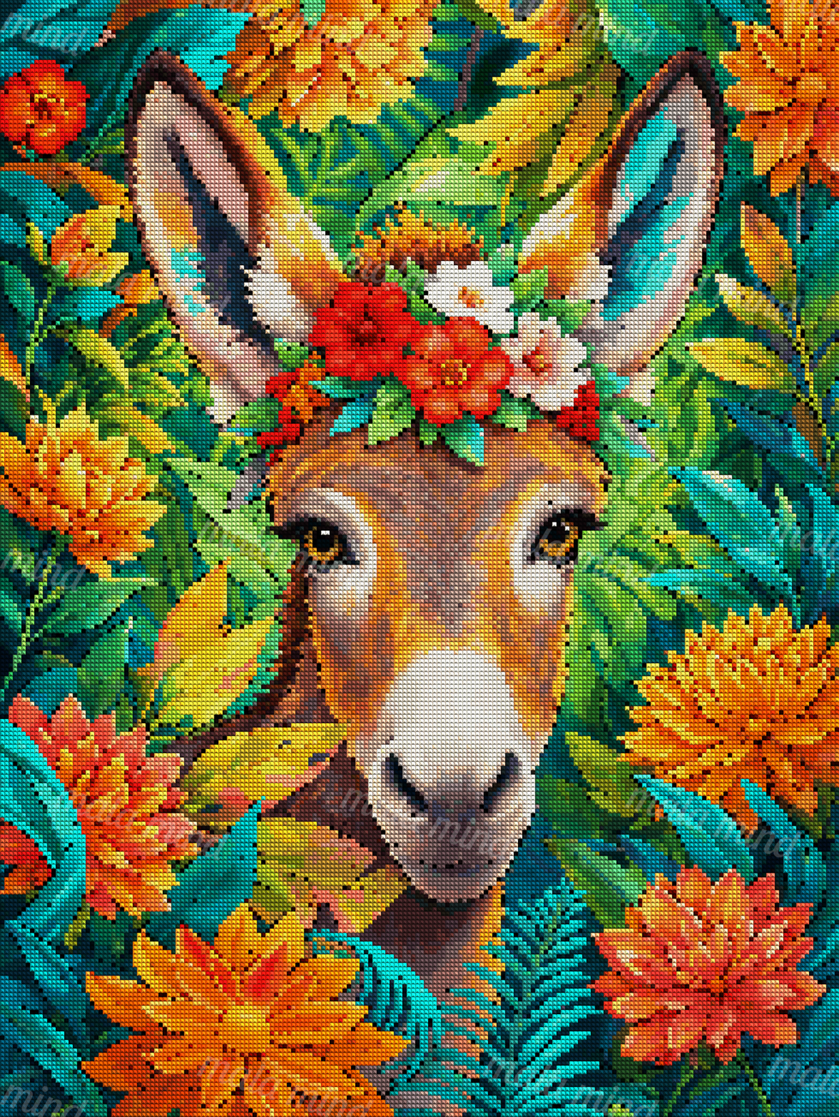 Colorful donkey portrait wearing a flower crown, surrounded by tropical leaves and orange, red, and pink flowers — 04_diamond_render