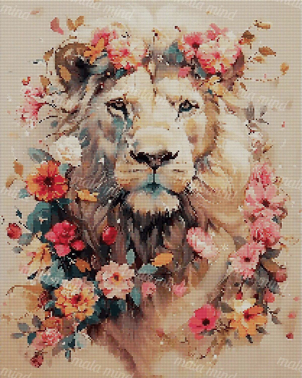 Frontal lion portrait with a full mane surrounded by pink, orange, and red flowers and green leaves. — 04_diamond_render