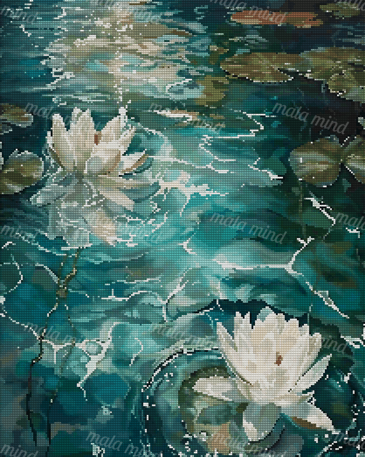 Two white water lilies and green lily pads float on rippling dark teal pond water. — 04_diamond_render