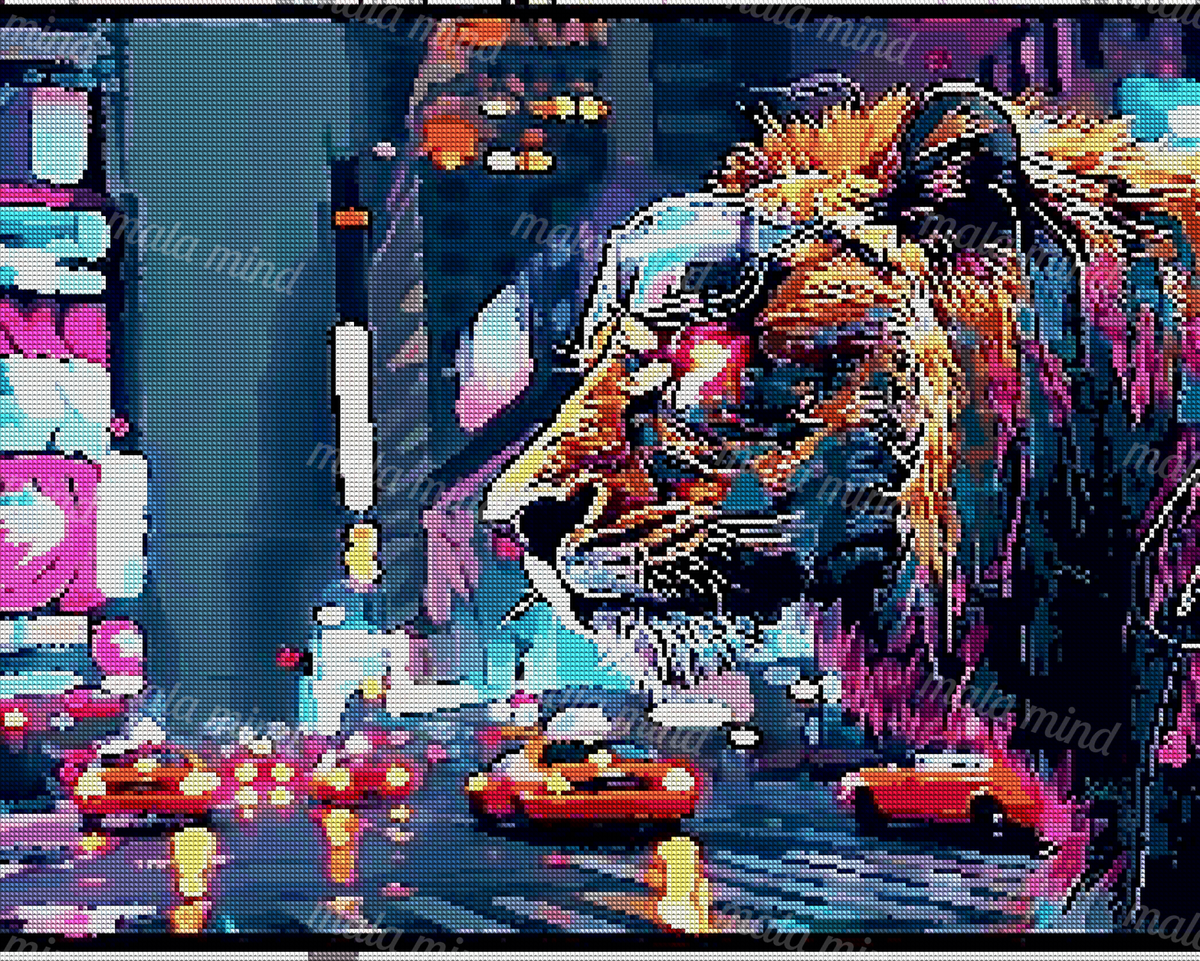 Neon lion wearing sunglasses beside colorful cars on a glowing city street — 04_diamond_render
