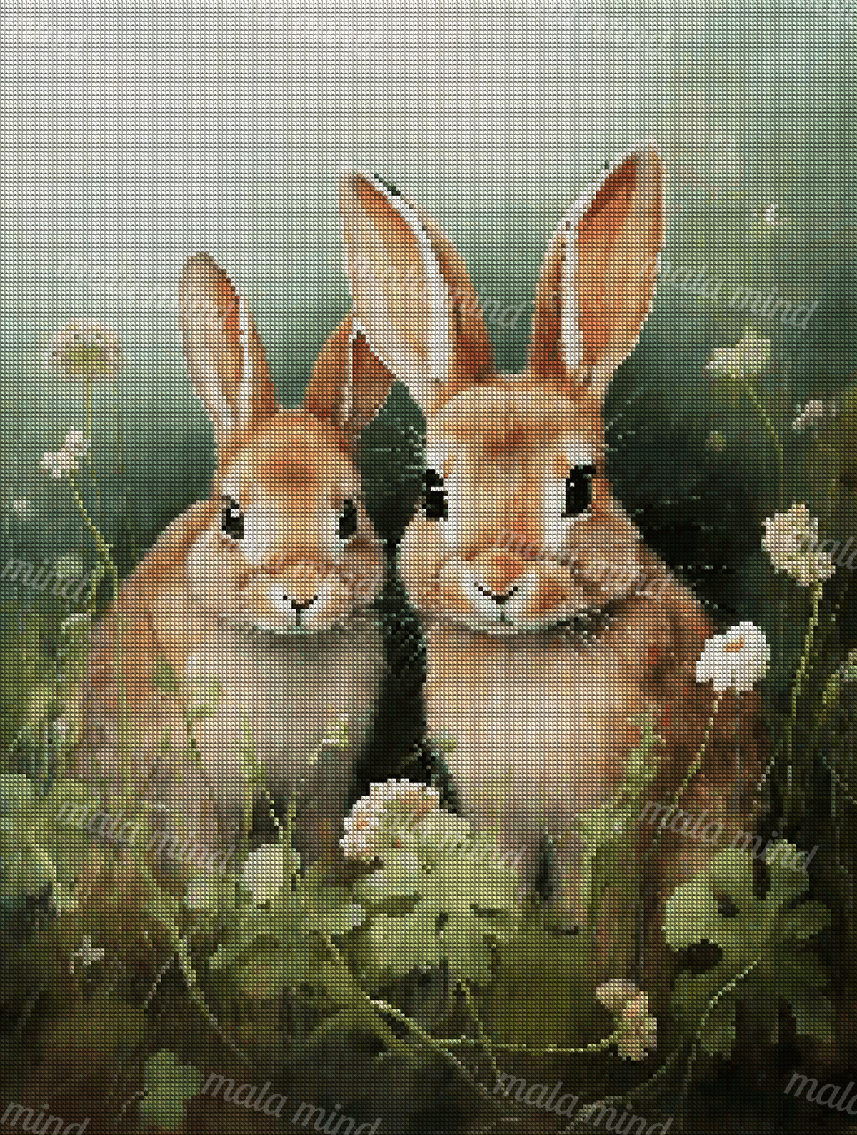 Two tan rabbits posed together among white meadow flowers and green foliage — 04_diamond_render