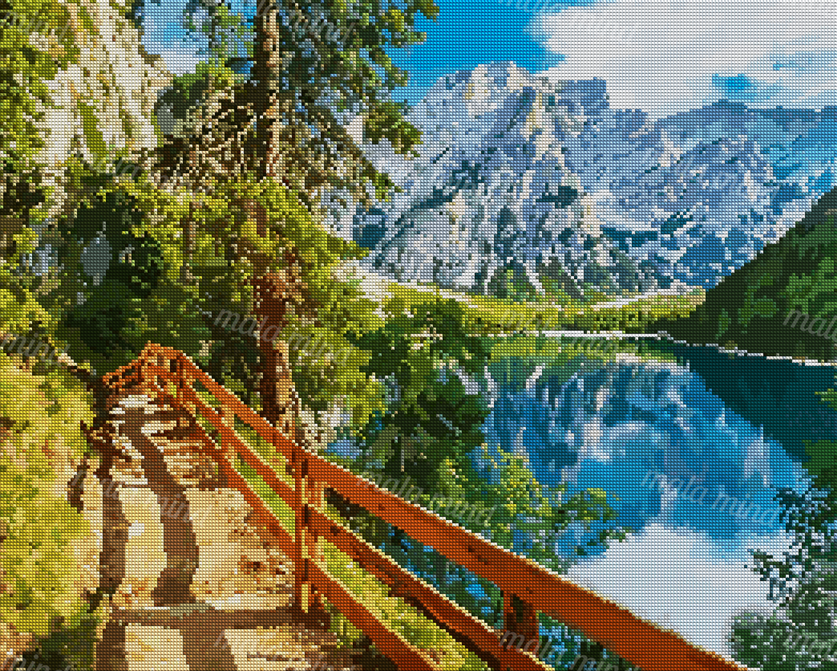 Painterly mountain lake scene with a forest trail, wooden footbridge, reflective water, and snowy peaks — 04_diamond_render
