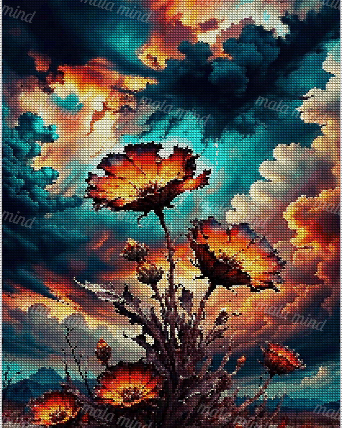 Orange-red flowers stand beneath teal storm clouds and lightning, with blue mountains in the distance. — 04_diamond_render
