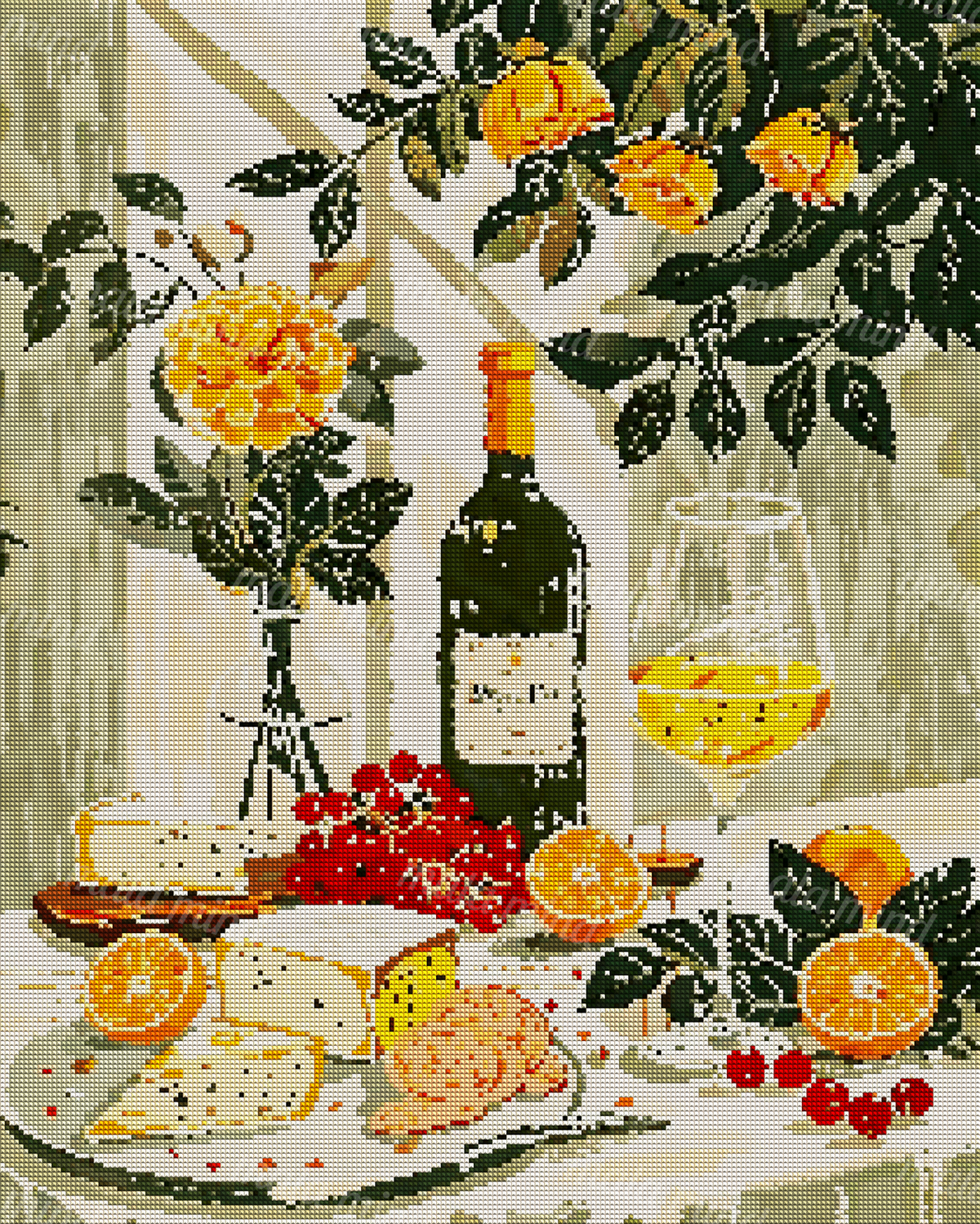 Stylized still life with orange flowers, wine, cheese, grapes, citrus, and cured meat — 04_diamond_render