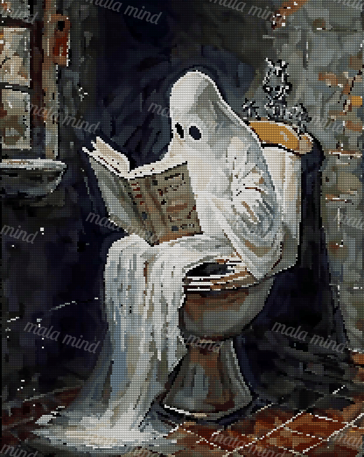 Faceted ghost with large dark eyes reading an open book while seated in a wooden chair. — 04_diamond_render