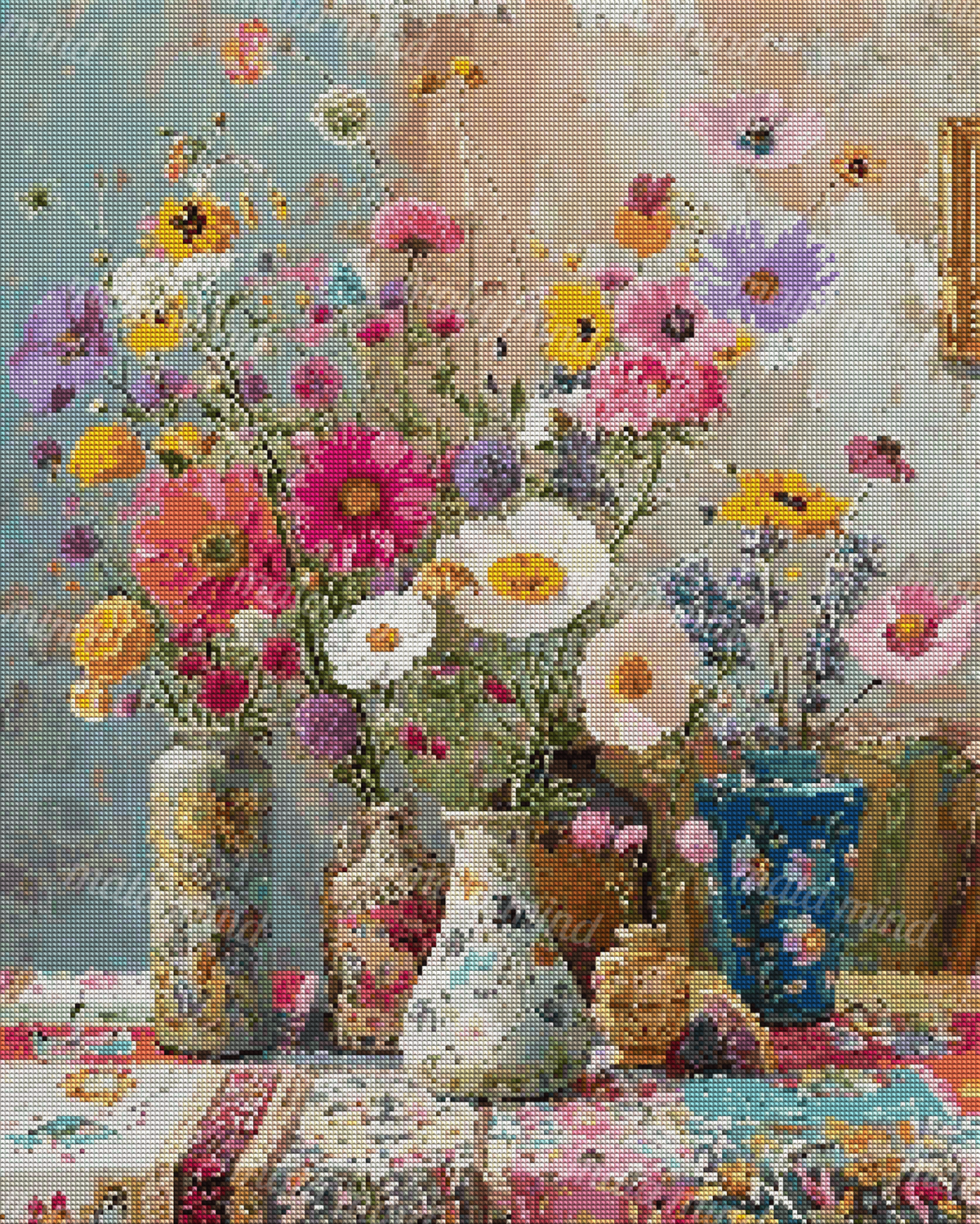 Colorful flowers arranged in patterned vases on a richly decorated textile — 04_diamond_render