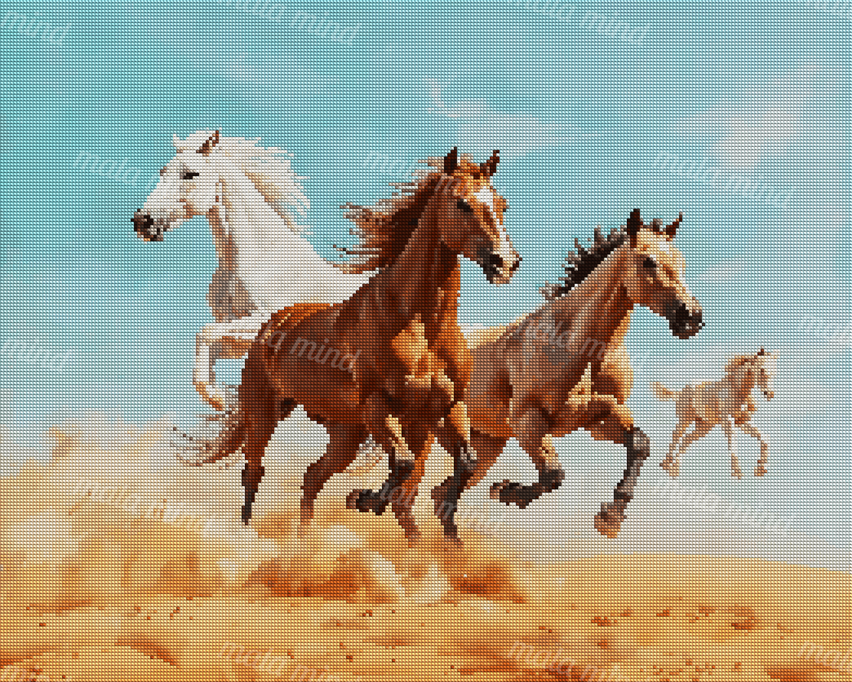 Four horses galloping through desert dunes beneath a bright turquoise sky, kicking up clouds of dust. — 04_diamond_render