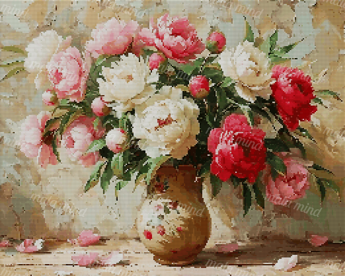 Painterly still life of pink, red, and white peonies in a decorated brown vase — 04_diamond_render