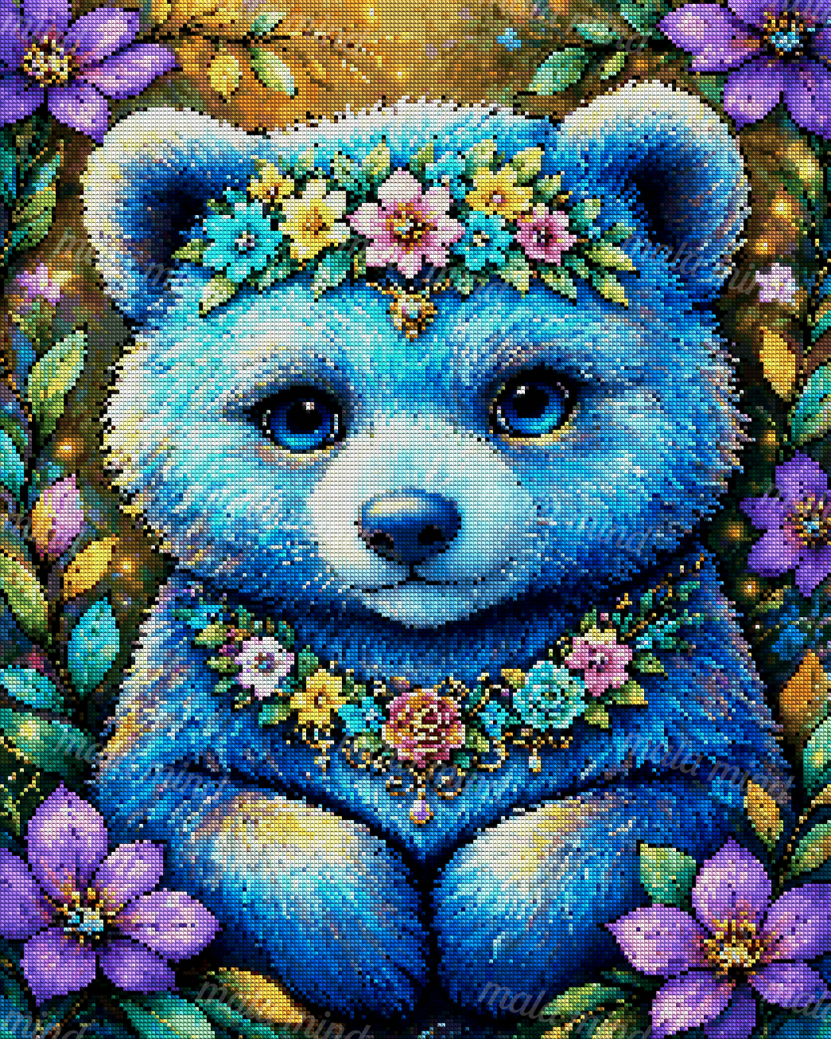 Blue bear-like animal with bright eyes, colorful flowers, leaves, and ornate gold pendants — 04_diamond_render