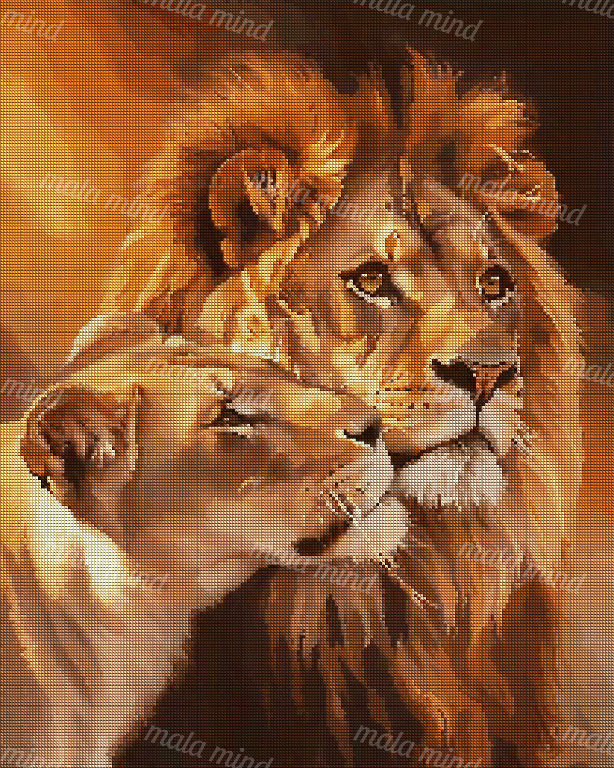 Close-up digital painting of an adult male lion and young lion with overlapping faces and a flowing mane. — 04_diamond_render