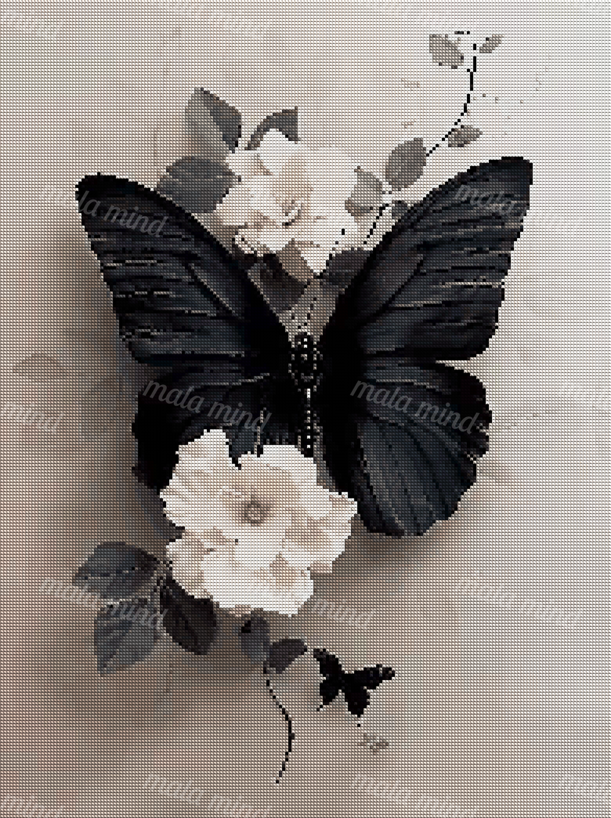 Large black butterfly with white flowers, dark leaves, and a smaller butterfly on a beige background — 04_diamond_render