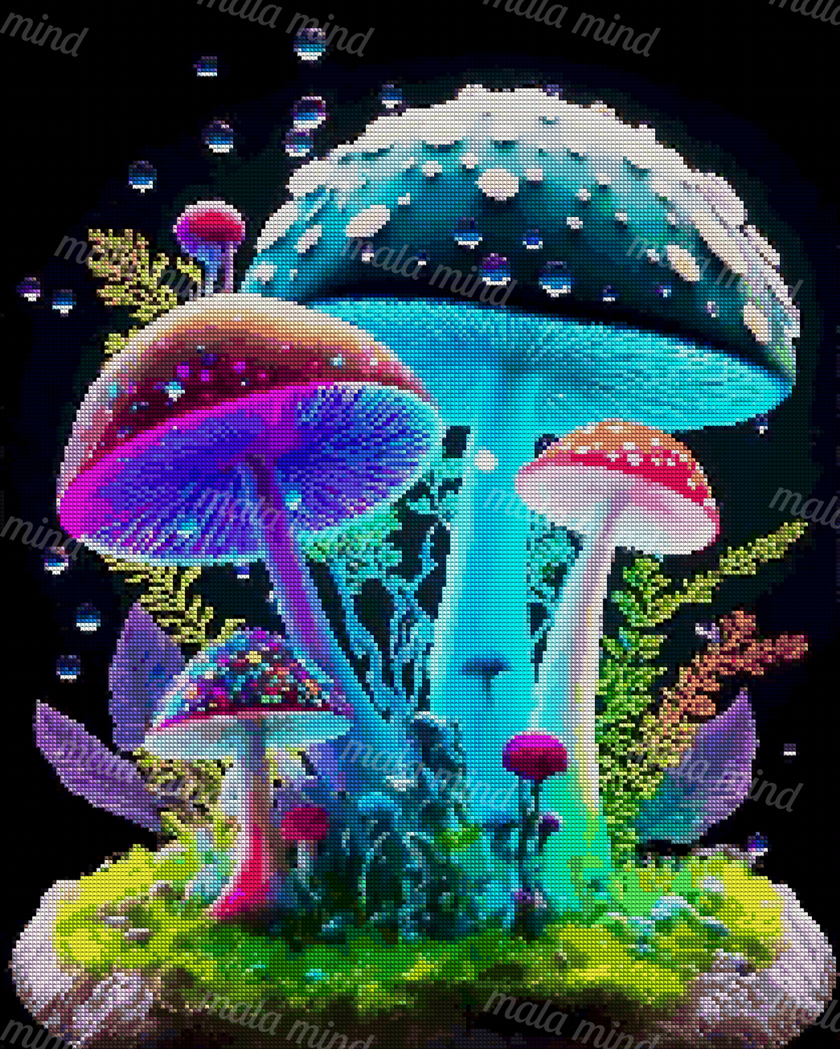 Neon fantasy mushrooms with glowing stems, moss, foliage, and floating bubbles on a black background — 04_diamond_render