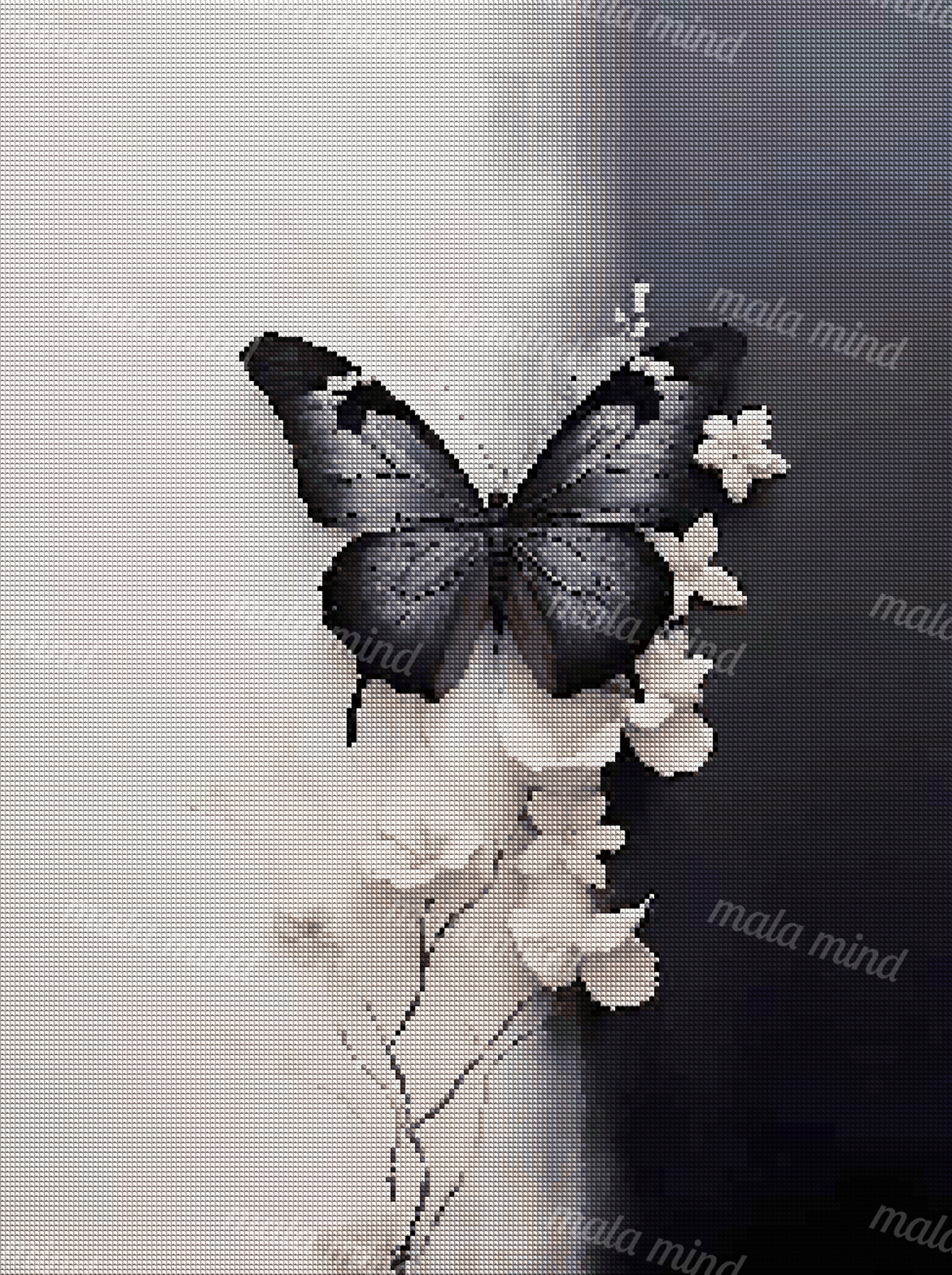 Black butterfly with spread wings among white flowers on a split light and dark background — 04_diamond_render