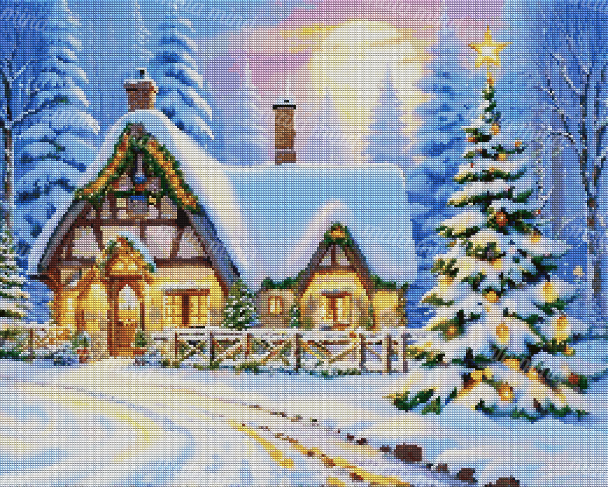 Snow-covered cottage and decorated Christmas tree under a full moon in a winter forest — 04_diamond_render