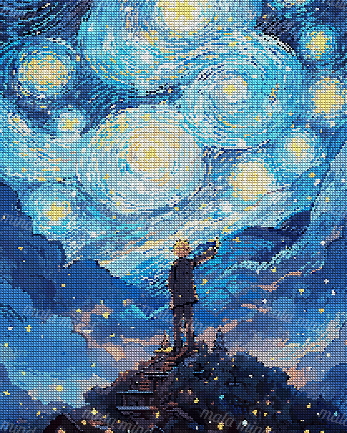 Figure in an orange hat points toward swirling stars from a wooden hillside stairway. — 04_diamond_render