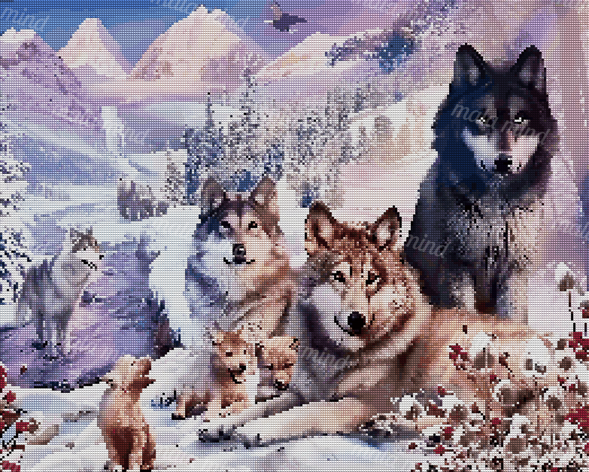 Wolf family and pups gathered in a snowy mountain landscape with wildlife, evergreen trees, and a waterfall — 04_diamond_render