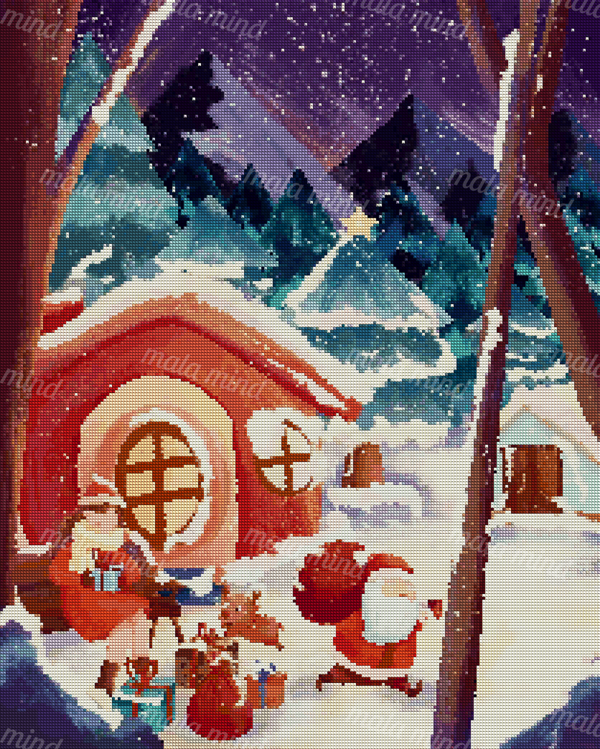 Whimsical snowy Christmas village with a girl, Santa, gifts, reindeer, and evergreen trees — 04_diamond_render
