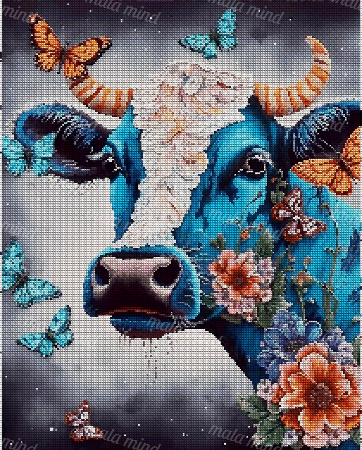 Blue bull portrait with striped horns, colorful butterflies, white forelock, and a floral arrangement — 04_diamond_render