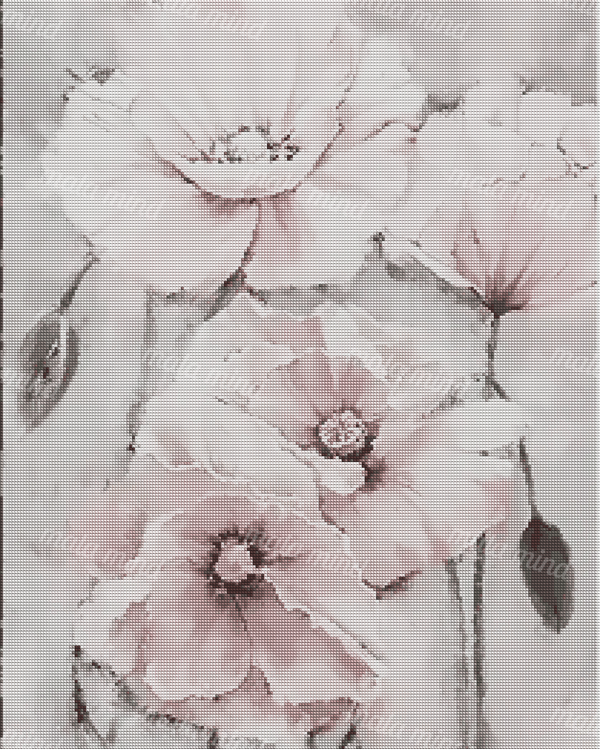 Watercolor-style cluster of pale pink flowers with dark centers and gray-green leaves on a soft gray background. — 04_diamond_render