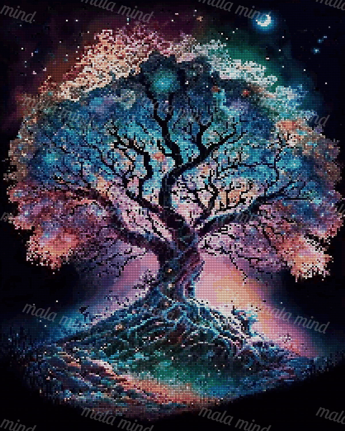 Luminous fantasy tree with exposed roots beneath a crescent moon and colorful starry canopy — 04_diamond_render