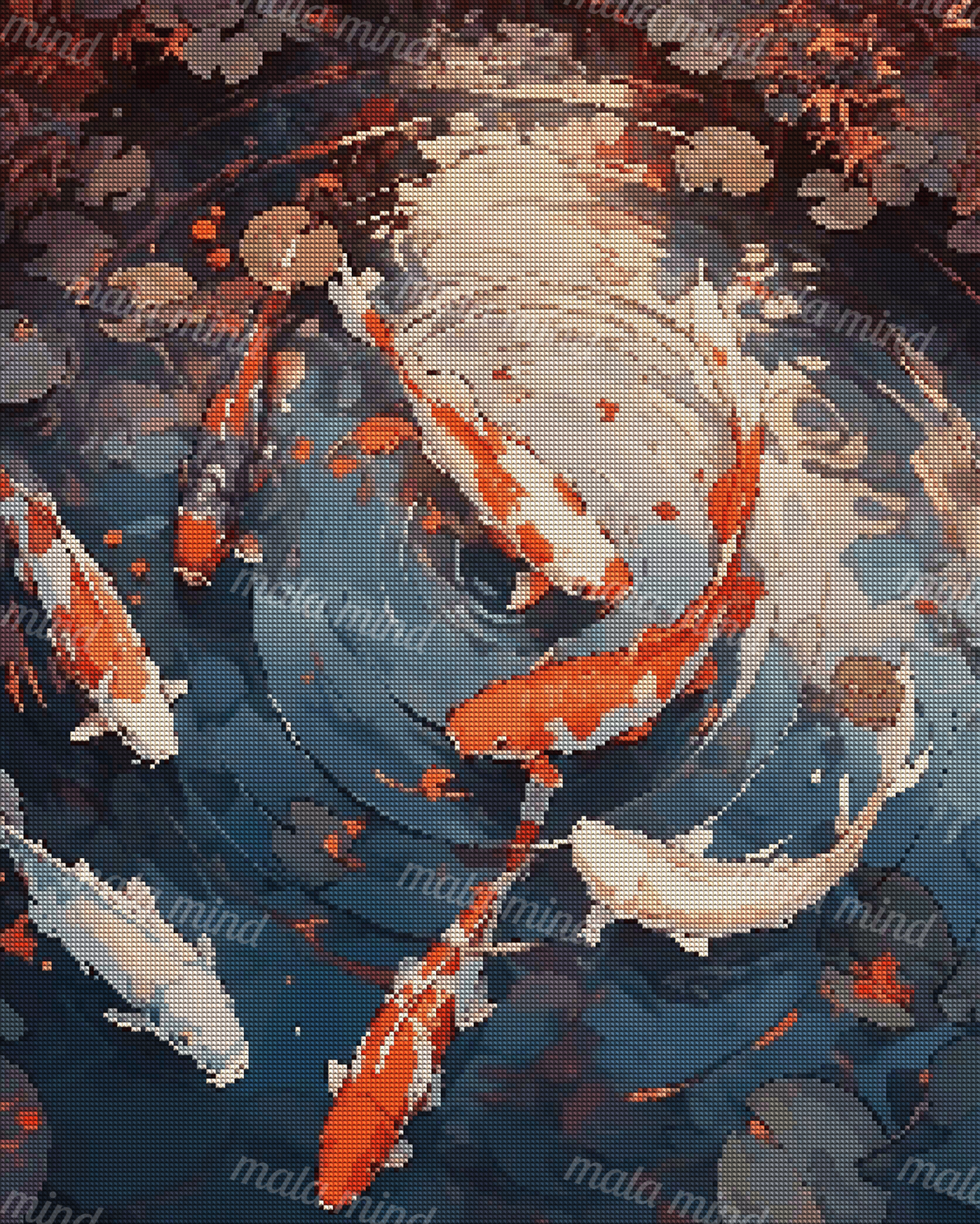 Orange, white, and cream koi circle through dark rippling pond water among lily pads and leaves. — 04_diamond_render