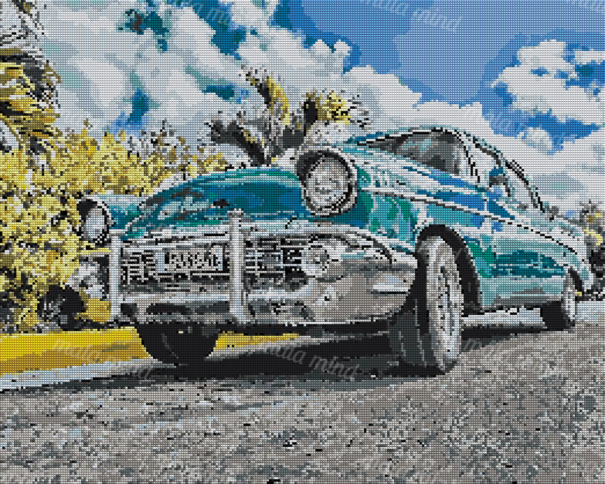 Posterized illustration of two overlapping turquoise vintage cars on a roadside beneath a cloudy blue sky. — 04_diamond_render