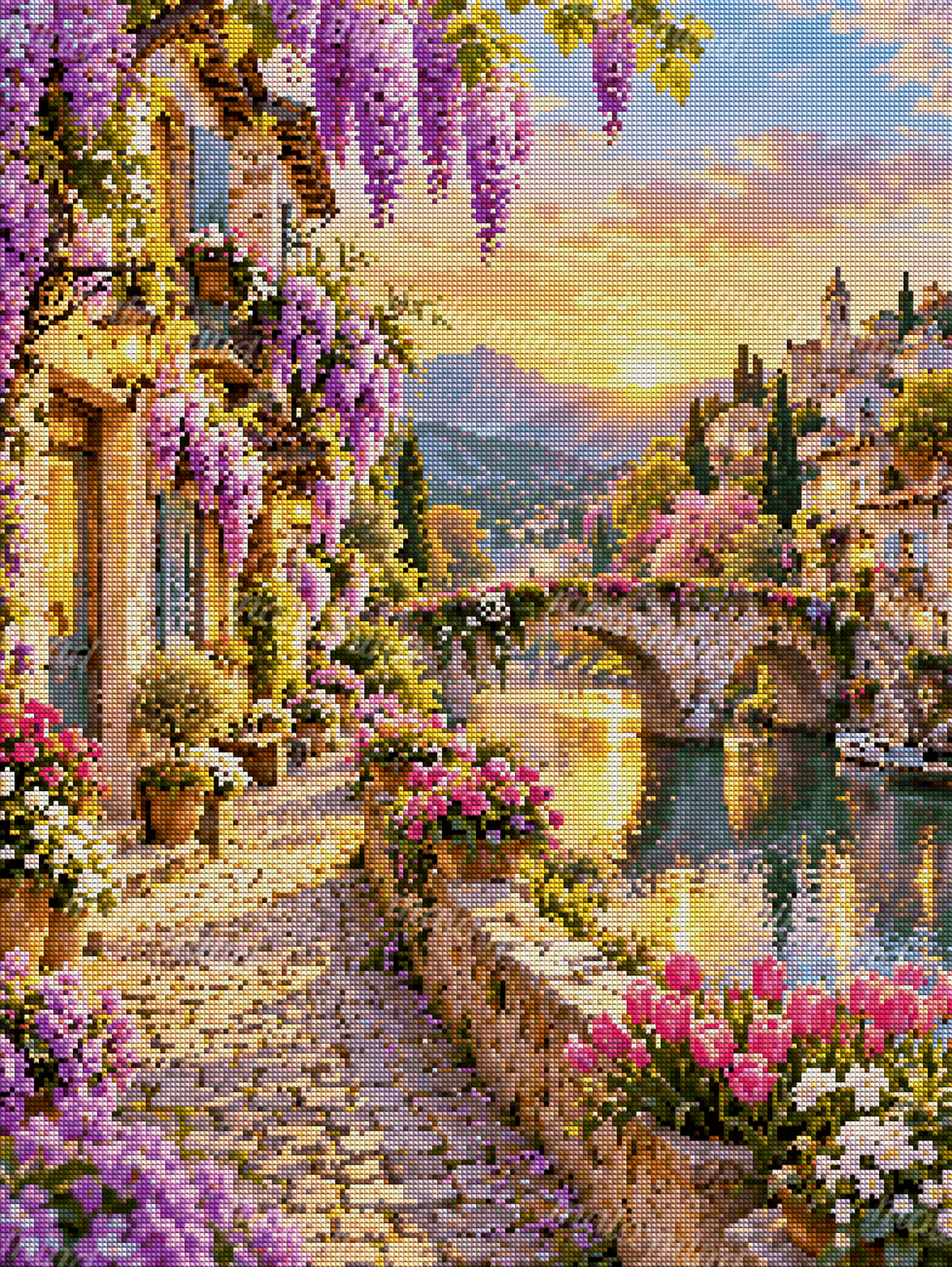 Flower-filled riverside village with stone bridge, mountain sunset, wisteria, and colorful gardens — 04_diamond_render