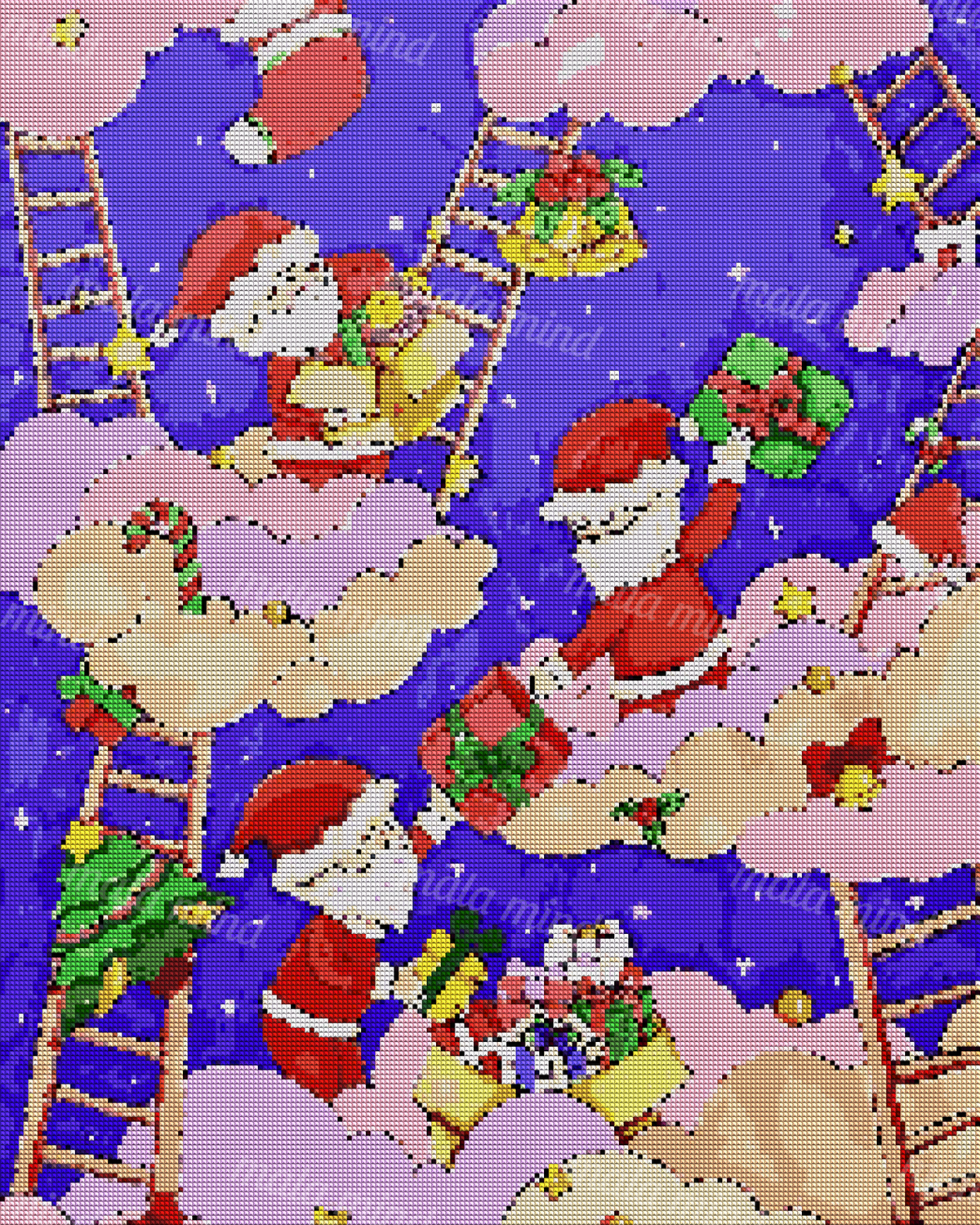 Cartoon Santa figures deliver gifts among pastel clouds, ladders, bells, and stars in a blue-purple Christmas sky. — 04_diamond_render