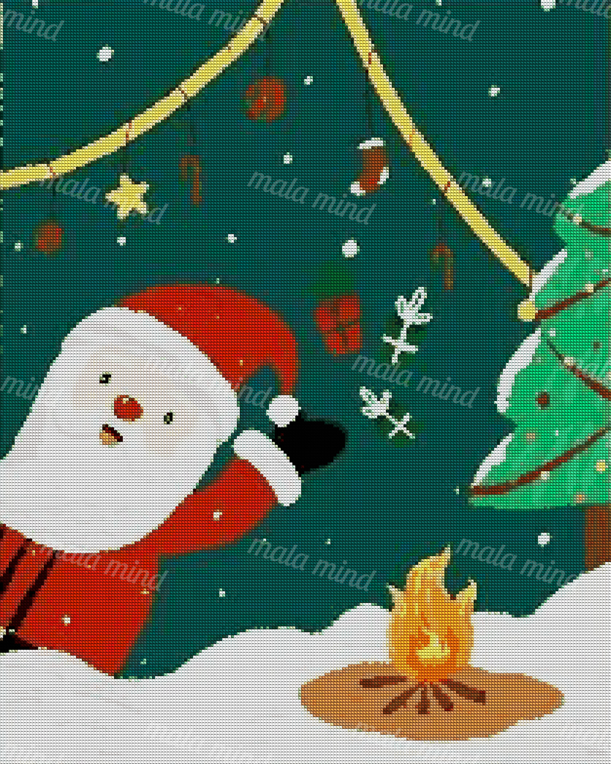 Cartoon Santa beside a decorated Christmas tree and campfire in a snowy Christmas scene — 04_diamond_render