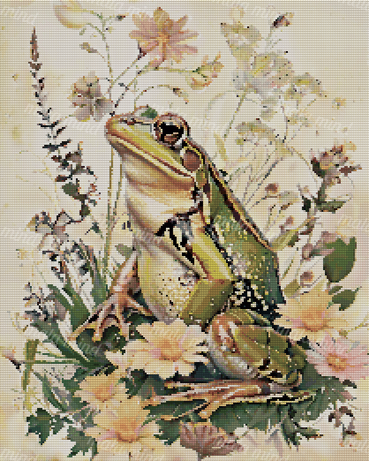 Green frogs surrounded by pink flowers, green leaves, flowering stems, and a small butterfly — 04_diamond_render