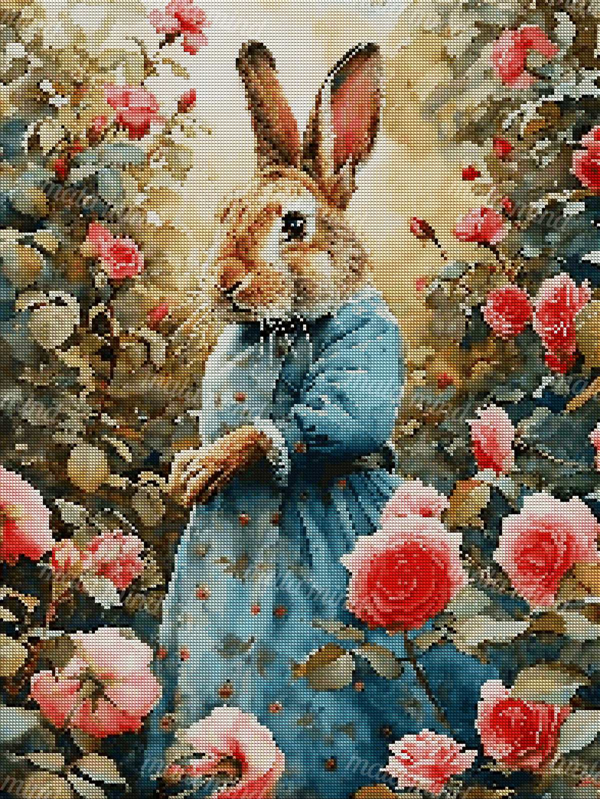 Brown rabbit in a blue dress surrounded by pink and red roses in a watercolor garden scene — 04_diamond_render