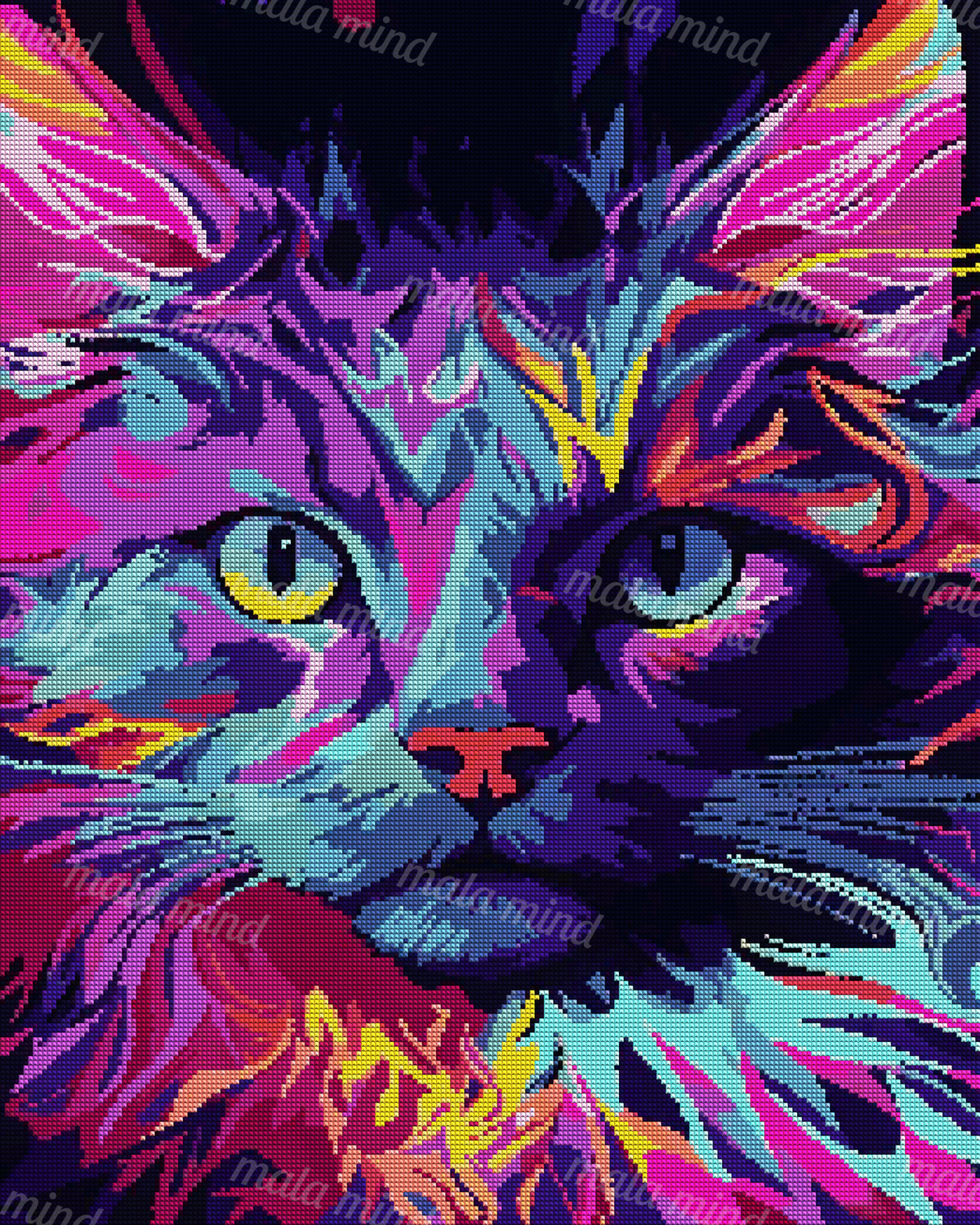 Abstract close-up cat face with angular neon fur patterns and large yellow-green eyes — 04_diamond_render
