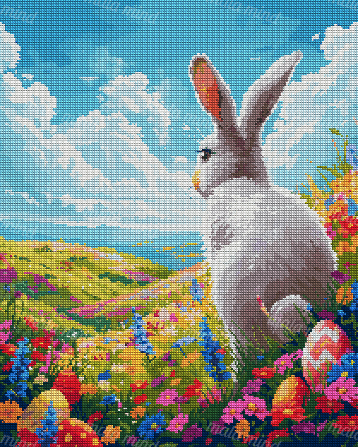 Gray rabbit surrounded by colorful flowers and decorated Easter eggs beneath a blue cloudy sky — 04_diamond_render