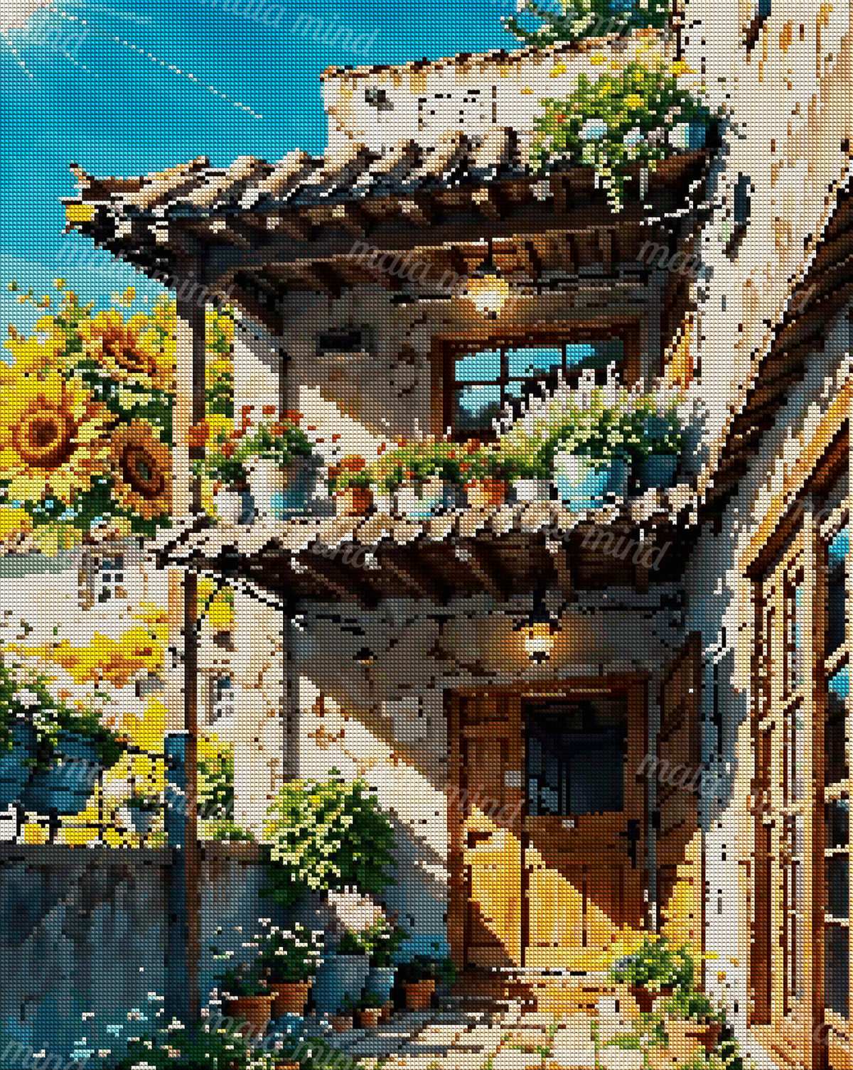 Sunlit rustic house courtyard with terracotta roofs, potted flowers, lanterns, and large sunflowers — 04_diamond_render