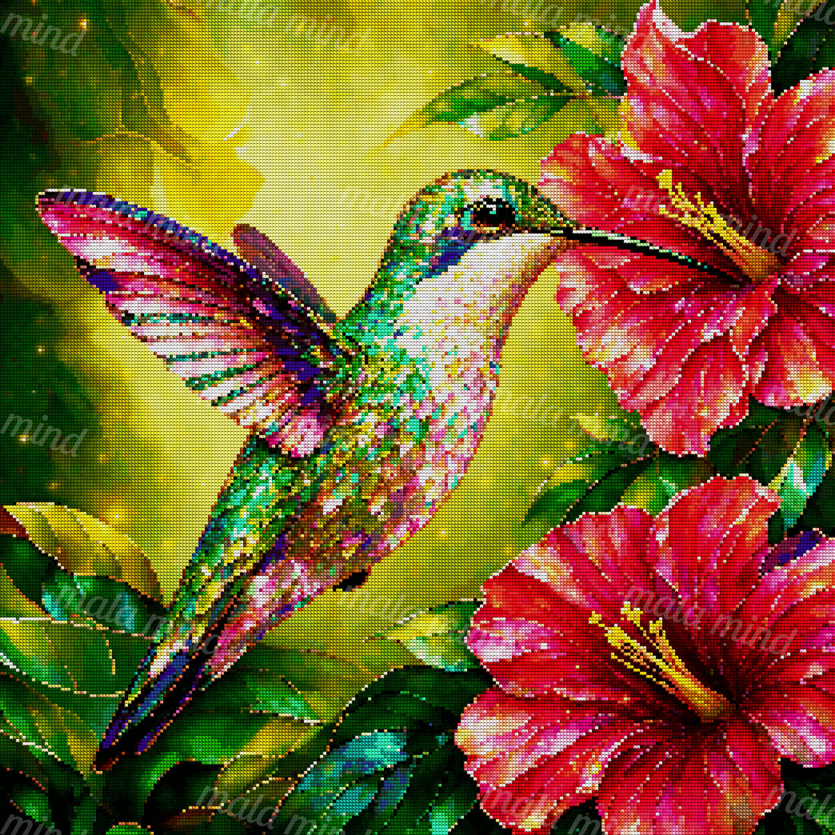 Iridescent hummingbird with a spread wing beside vivid red hibiscus flowers and layered green leaves — 04_diamond_render