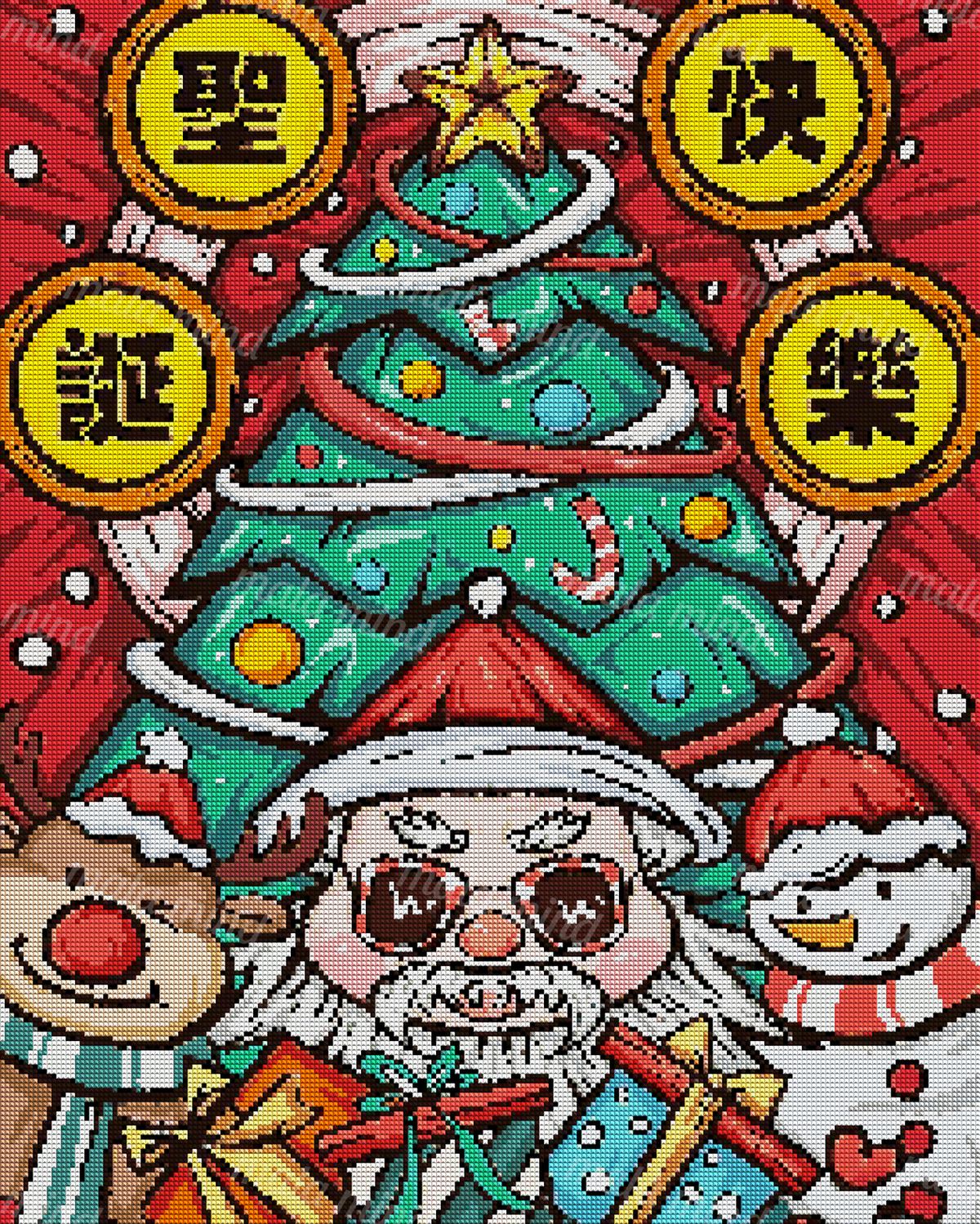 Cartoon Santa with glasses beneath a decorated Christmas tree, flanked by a reindeer and snowman. — 04_diamond_render