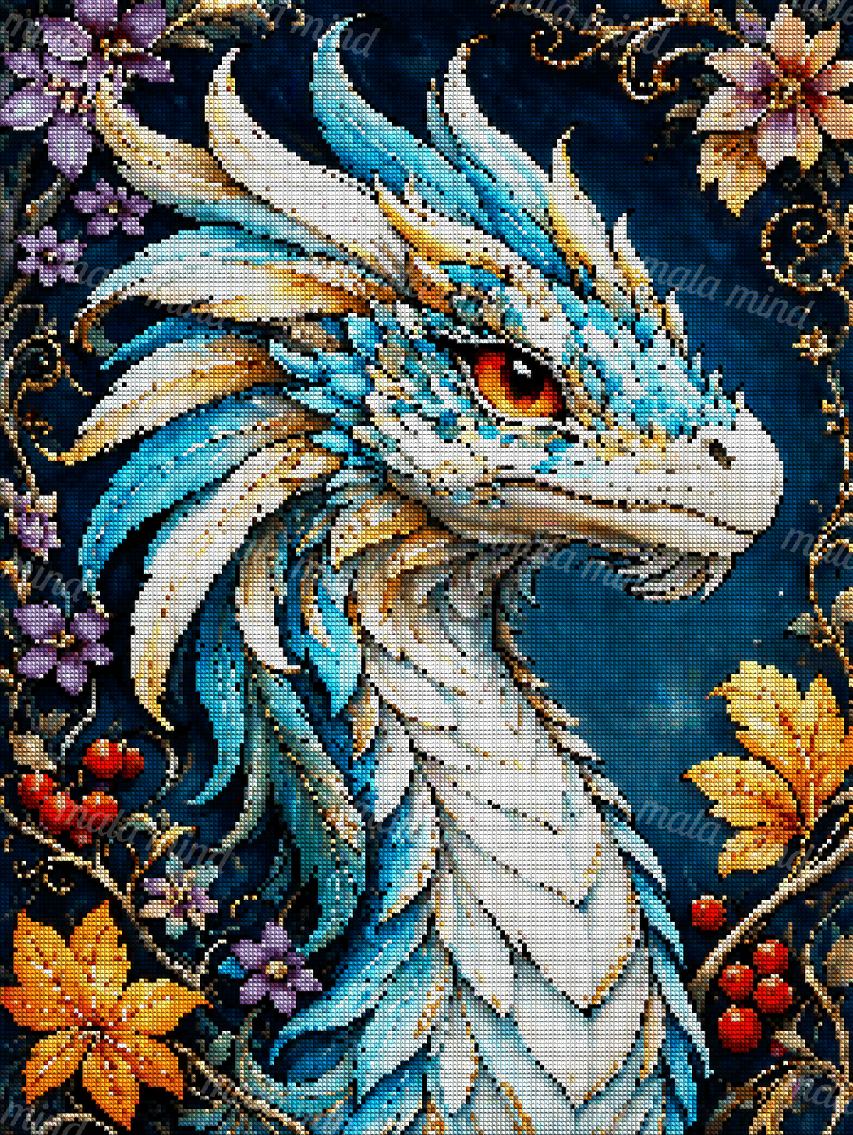 Ornate blue-and-white dragon with an orange eye, flowers, autumn leaves, berries, and golden vines — 04_diamond_render