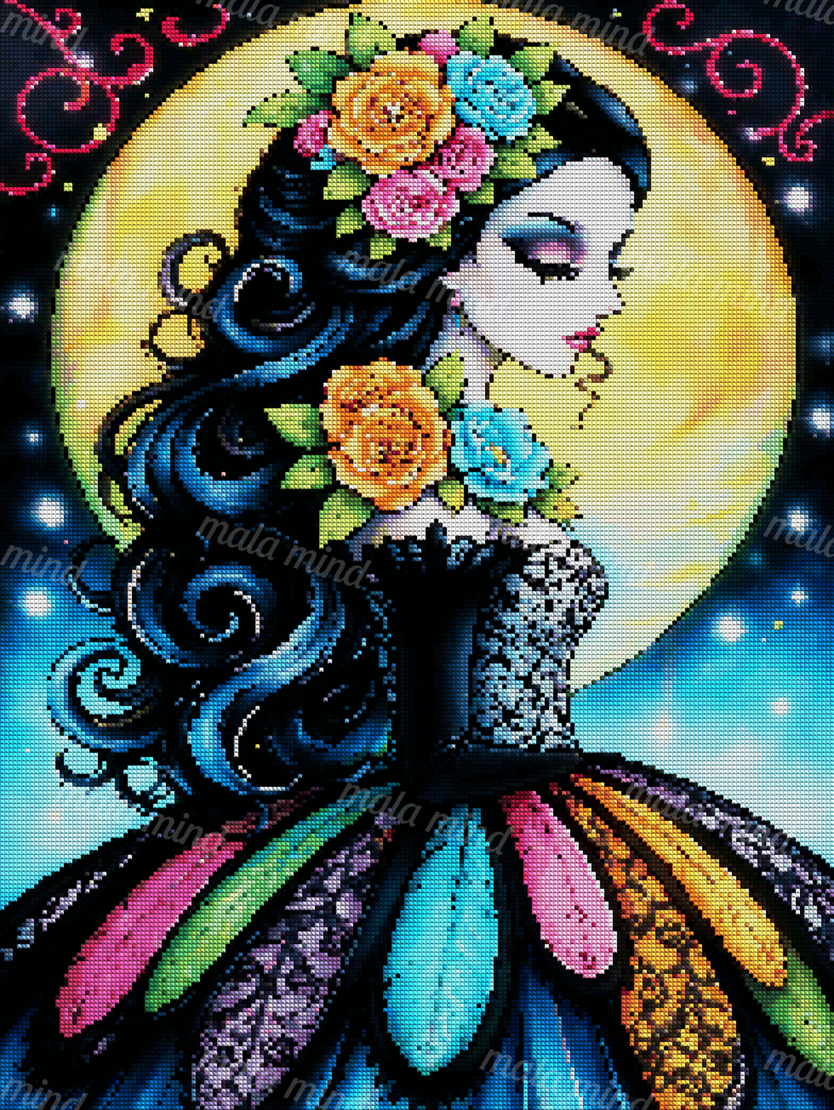 Woman in profile with floral hair ornaments, flowing dark hair, glowing moon, and colorful ornate dress — 04_diamond_render