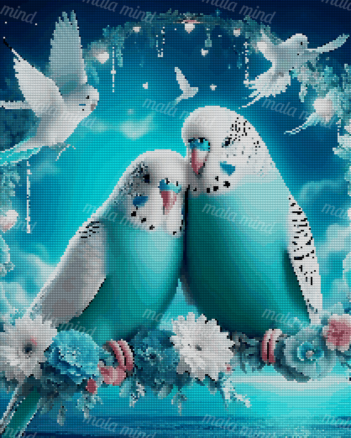 Two turquoise budgerigars surrounded by flowers, flying white birds, heart ornaments, and a glowing blue background. — 04_diamond_render