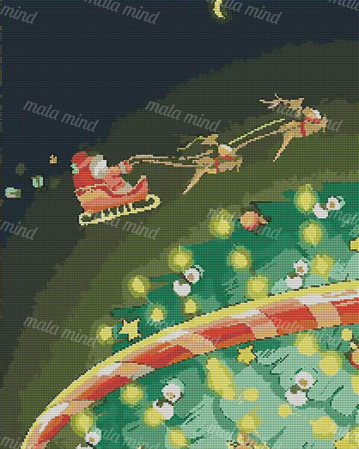 Cartoon Santa in a red sleigh flying with reindeer above a decorated Christmas tree at night — 04_diamond_render