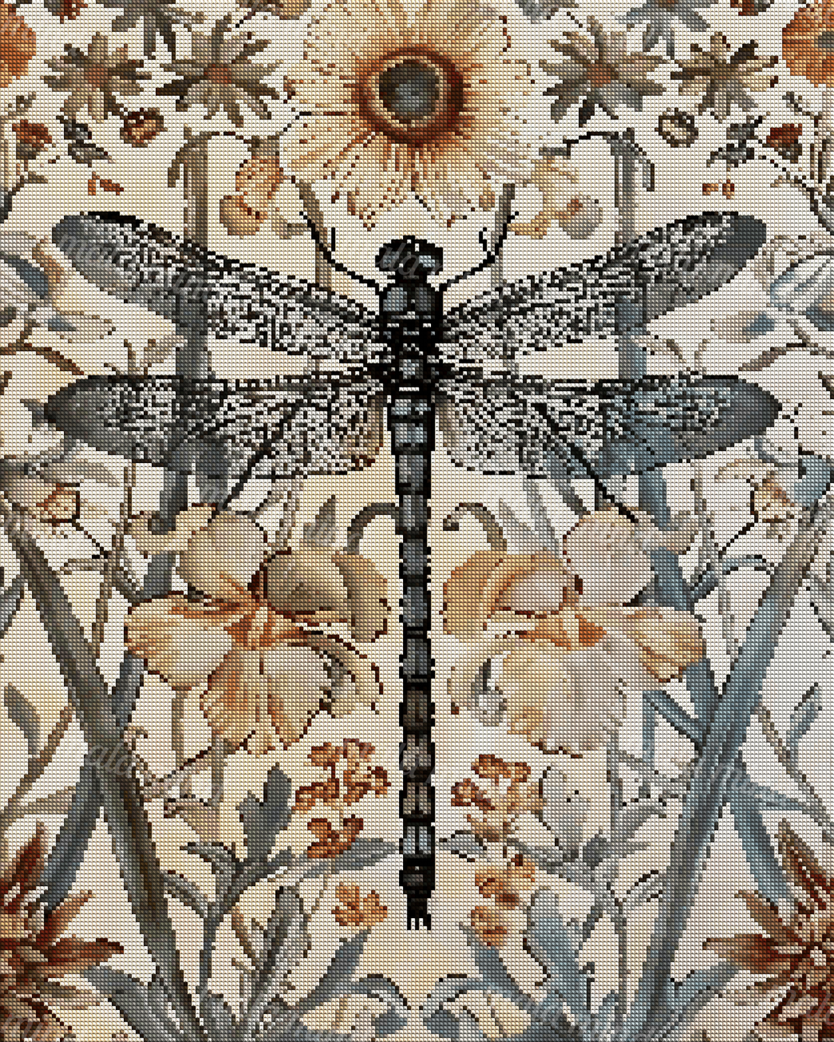 Black dragonfly with veined wings centered among cream, peach, and gray-blue flowers — 04_diamond_render
