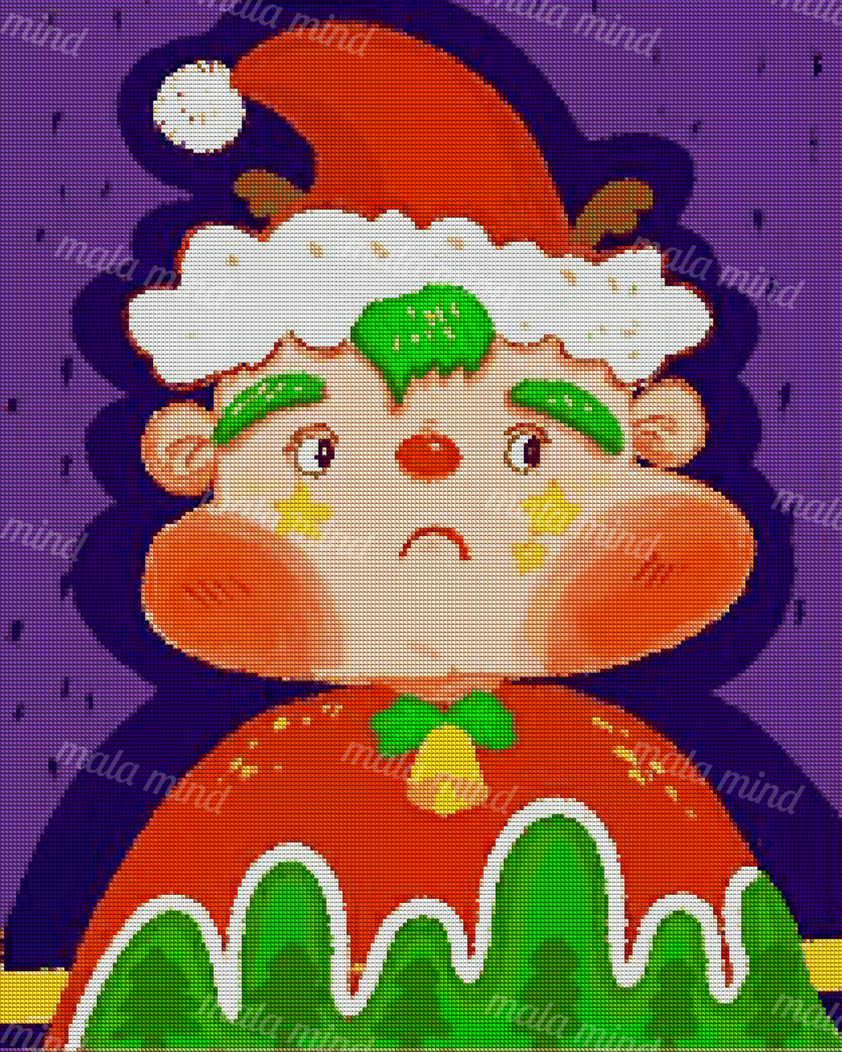 Sad childlike Christmas character in a red hat with star cheek markings and a bell against a purple background — 04_diamond_render