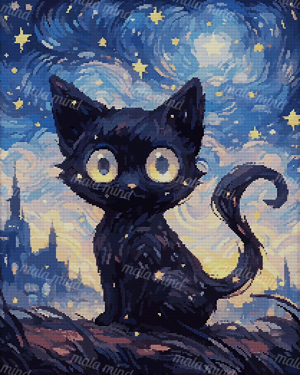 Black cat with glowing yellow eyes beneath a swirling blue starry sky and distant city buildings — 04_diamond_render
