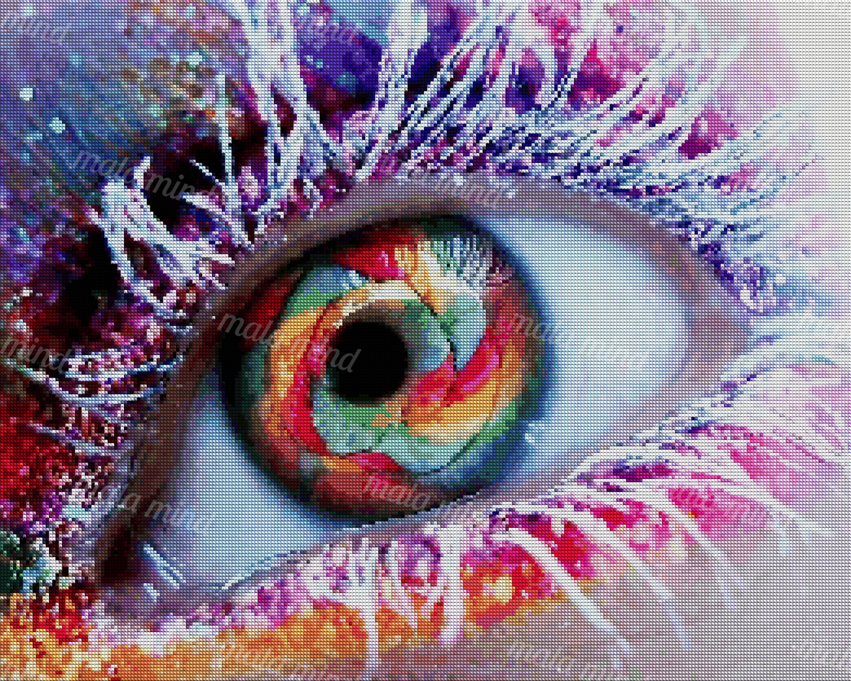 Abstract close-up of a colorful human eye with a multicolored iris and bright white eyelashes — 04_diamond_render