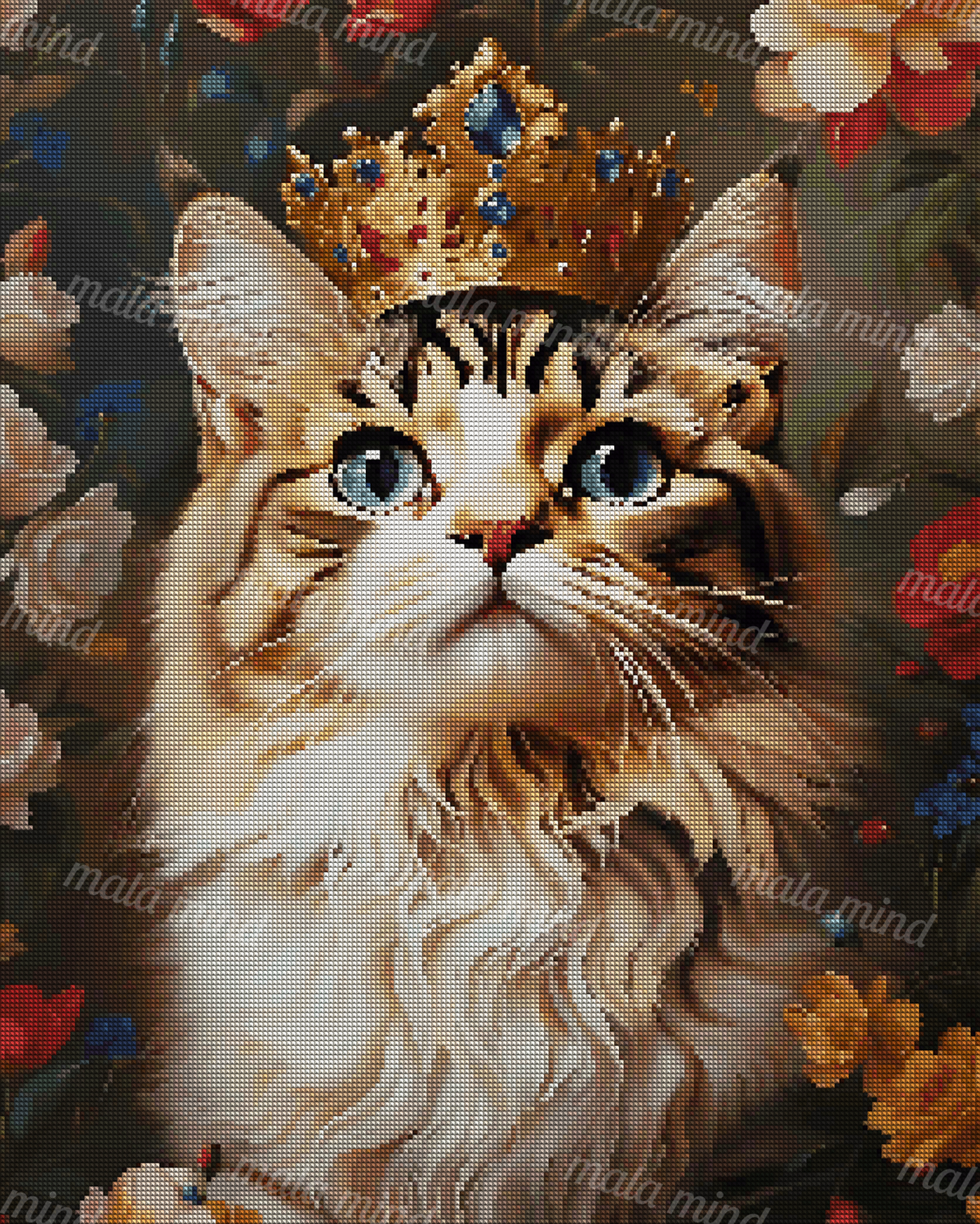 Long-haired tan-and-white cat with blue eyes wearing a jeweled gold crown among colorful flowers — 04_diamond_render