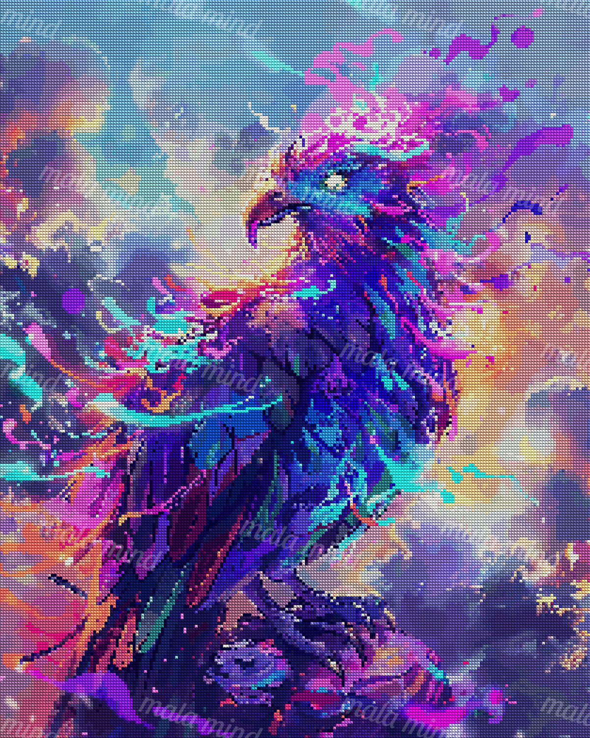 Neon blue and purple eagle-like bird with a glowing green eye on a rocky perch — 04_diamond_render