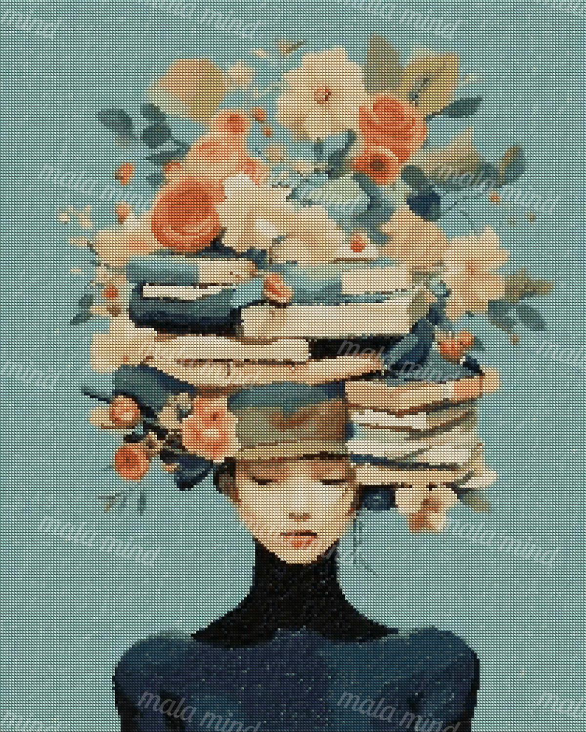 Stylized woman in dark clothing with books and flowers balanced across her head on a teal background — 04_diamond_render