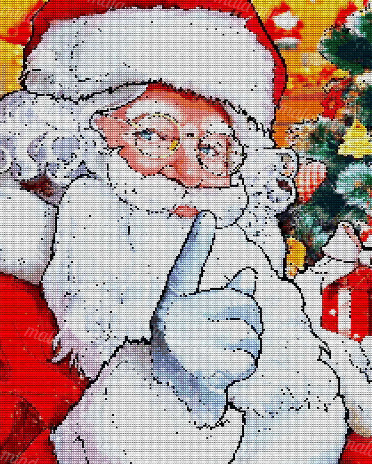 Cartoon Santa with gold glasses and blue glove beside a decorated Christmas tree and wrapped gift — 04_diamond_render