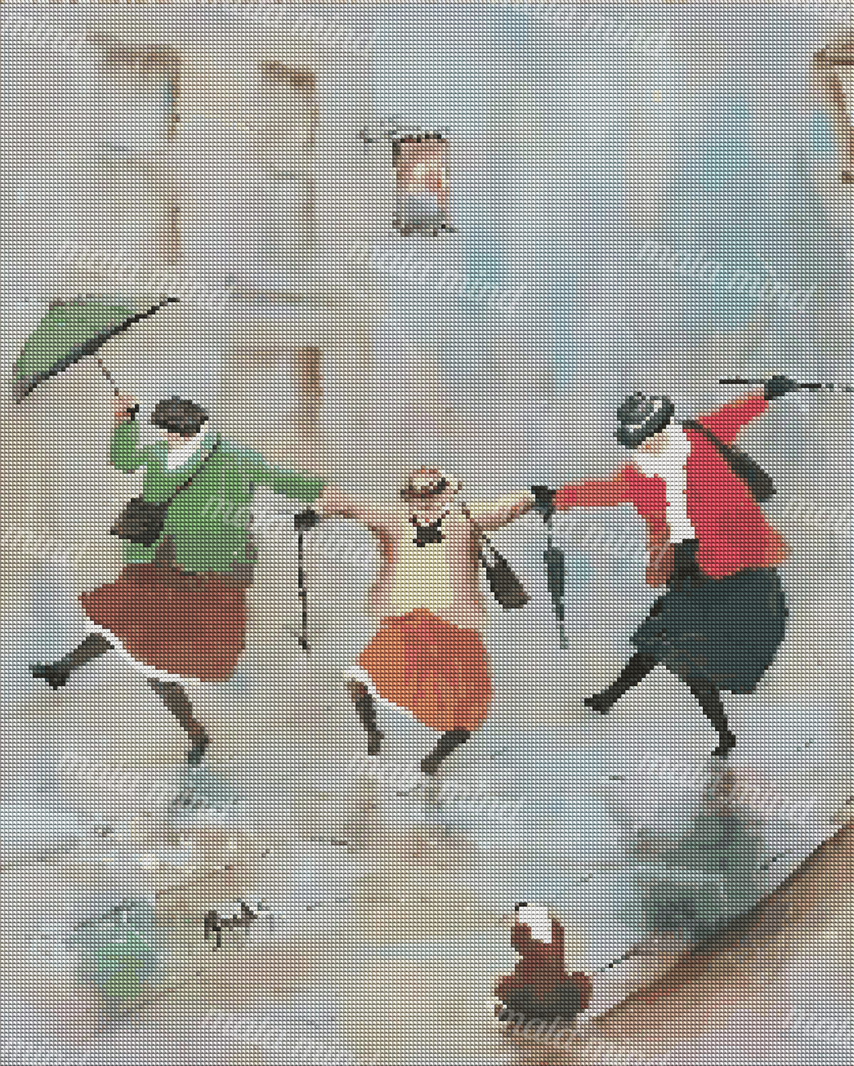 Three women in colorful clothing walk hand in hand through rain beneath umbrellas on a reflective city street. — 04_diamond_render
